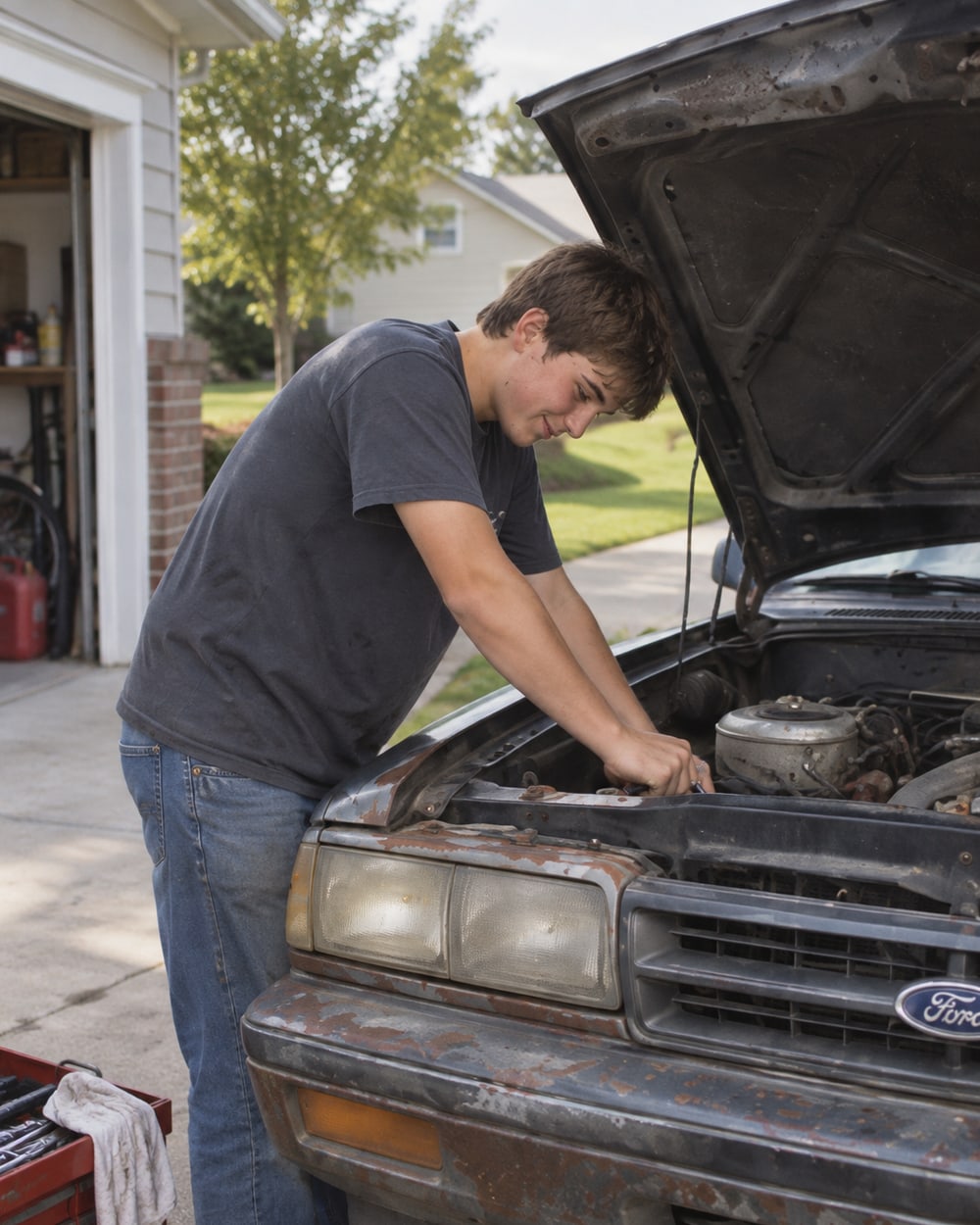 A teenager leaning under the open bonnet of an old car